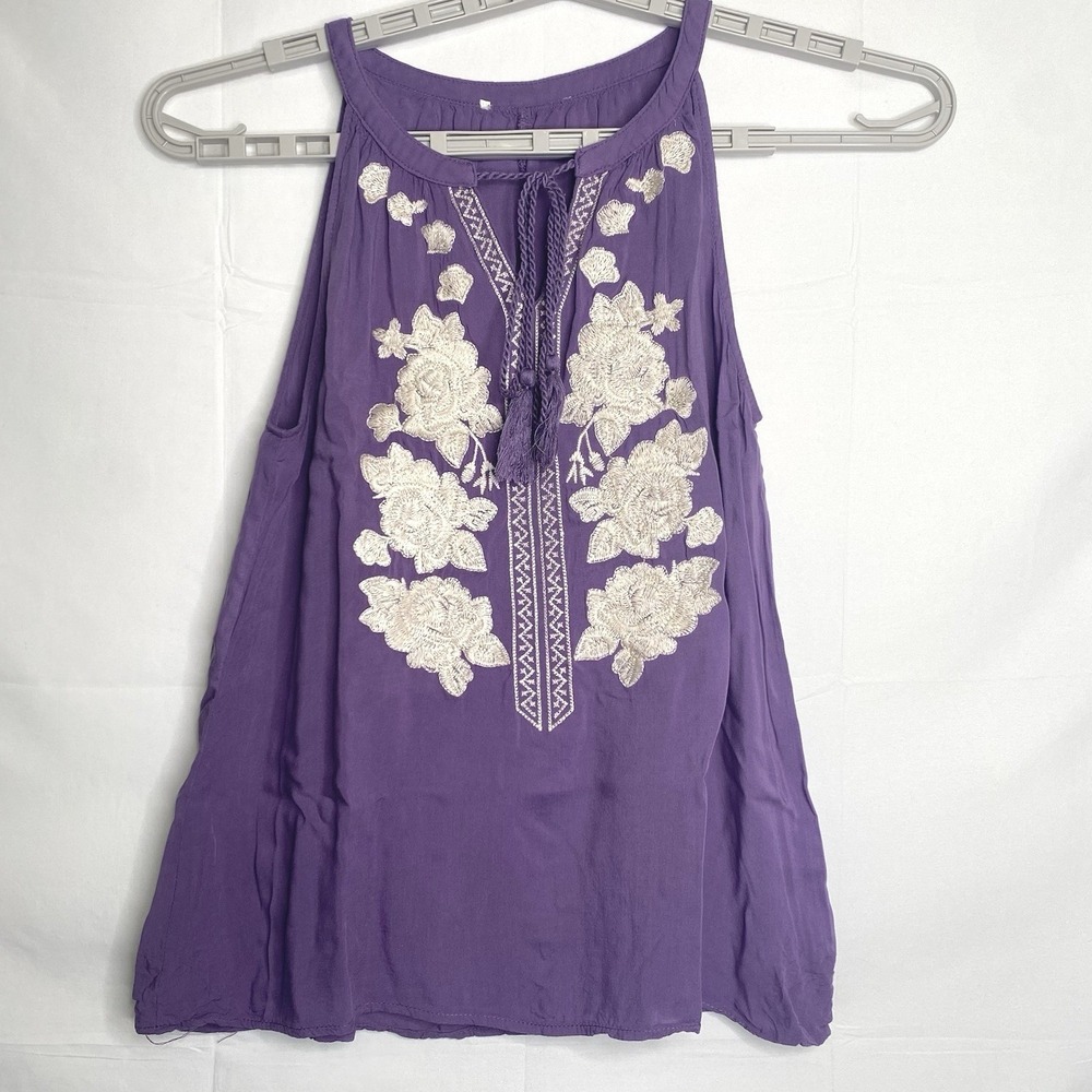 Purple Embroidered Floral Halter Blouse Tassel Tie Sleeveless Top Medium Boho